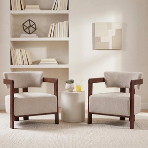 English Elm Boucle Accent Arm Chair Set of Two with Walnut Rubberwood Frame Mid Century Modern Walnut / Wheat N776P481462W-2