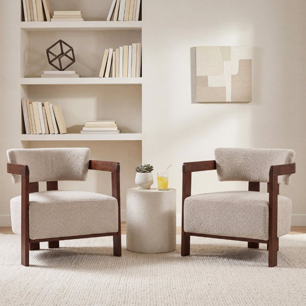 English Elm Boucle Accent Arm Chair Set of Two with Walnut Rubberwood Frame Mid Century Modern Walnut / Wheat N776P481462W-2