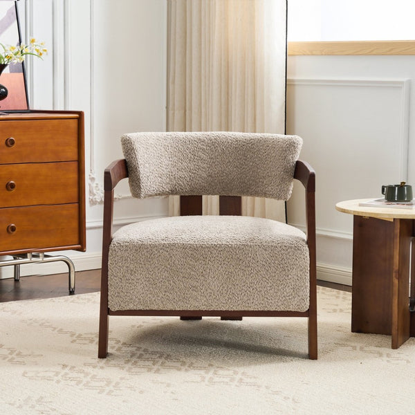 English Elm Boucle Textured Mid-century Accent Chair with Solid Rubberwood Walnut Legs for Reading Nooks Walnut / Wheat N776P481462W