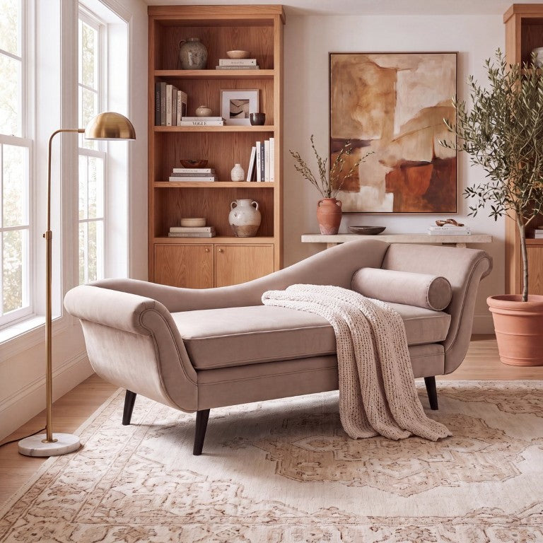 English Elm Chaise Lounge Fully Upholstered Mid-Century Accent Seat for Living Room or Bedroom N776P489404B