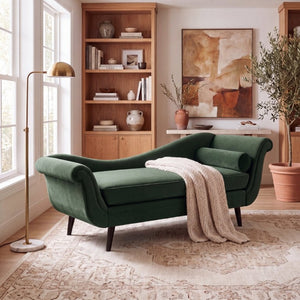 English Elm Chaise Lounge Velvet Upholstered Reclined Silhouette for Living Room or Bedroom Seating Sage N776P489404S