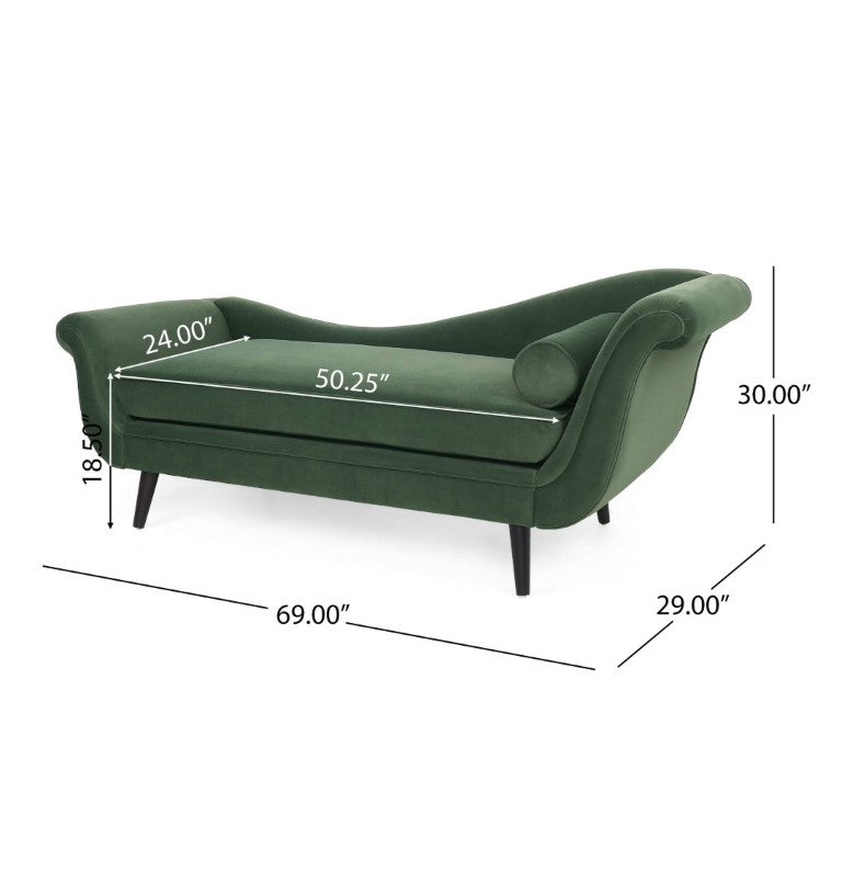 English Elm Chaise Lounge Velvet Upholstered Reclined Silhouette for Living Room or Bedroom Seating Sage N776P489404S