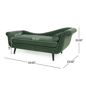 English Elm Chaise Lounge Velvet Upholstered Reclined Silhouette for Living Room or Bedroom Seating Sage N776P489404S