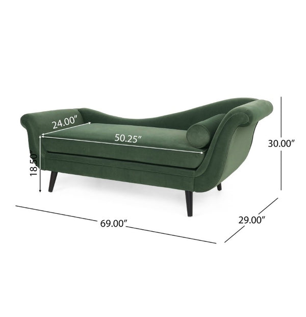 English Elm Chaise Lounge Velvet Upholstered Reclined Silhouette for Living Room or Bedroom Seating Sage N776P489404S