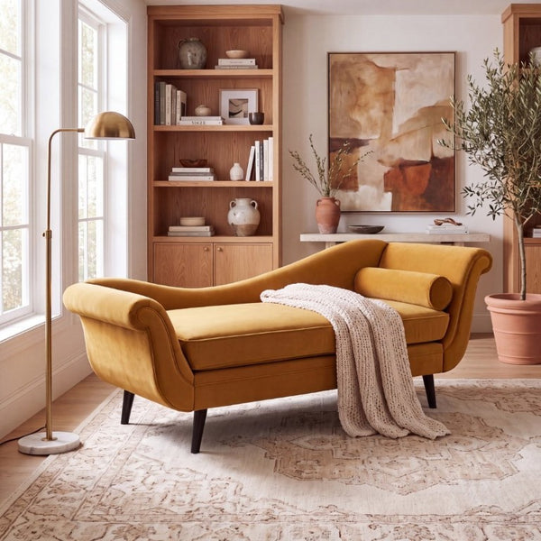 English Elm Chaise Lounge Velvet Upholstered Reclined Silhouette for Living Room or Bedroom Seating Dark Yellow N776P489404T