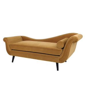 English Elm Chaise Lounge Velvet Upholstered Reclined Silhouette for Living Room or Bedroom Seating Dark Yellow N776P489404T