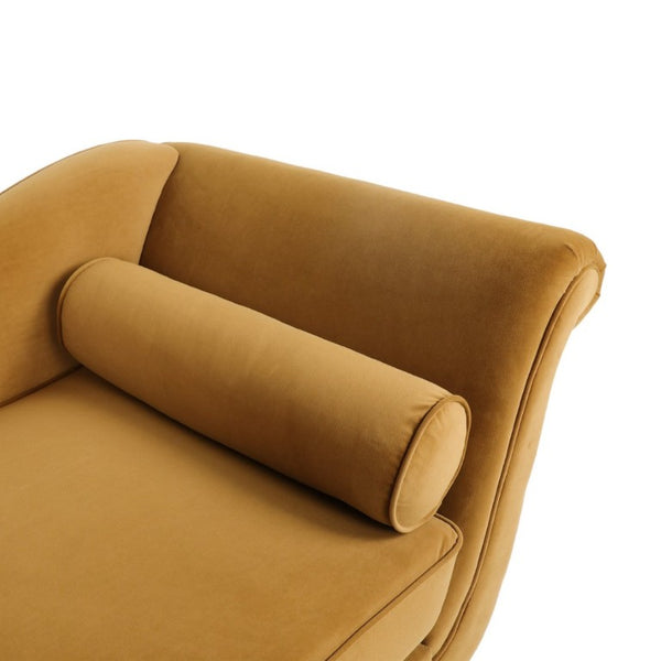 English Elm Chaise Lounge Velvet Upholstered Reclined Silhouette for Living Room or Bedroom Seating Dark Yellow N776P489404T