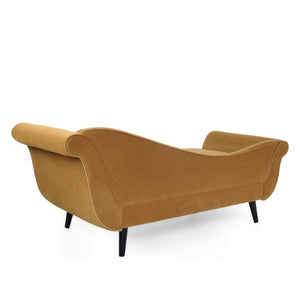English Elm Chaise Lounge Velvet Upholstered Reclined Silhouette for Living Room or Bedroom Seating Dark Yellow N776P489404T