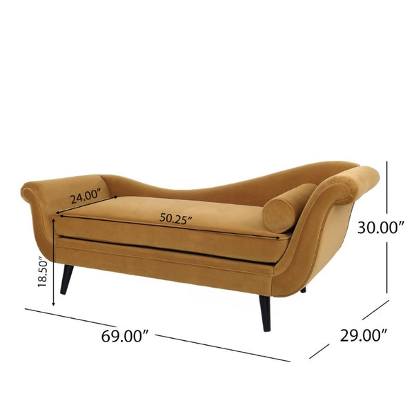 English Elm Chaise Lounge Velvet Upholstered Reclined Silhouette for Living Room or Bedroom Seating Dark Yellow N776P489404T