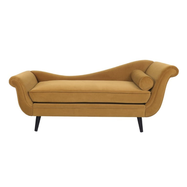 English Elm Chaise Lounge Velvet Upholstered Reclined Silhouette for Living Room or Bedroom Seating Dark Yellow N776P489404T