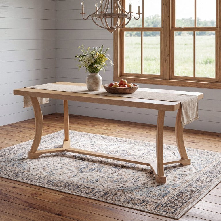 English Elm Will Six Seat Farmhouse Dining Table with Oak Veneer Top and Curved Trestle Base N776P490237N