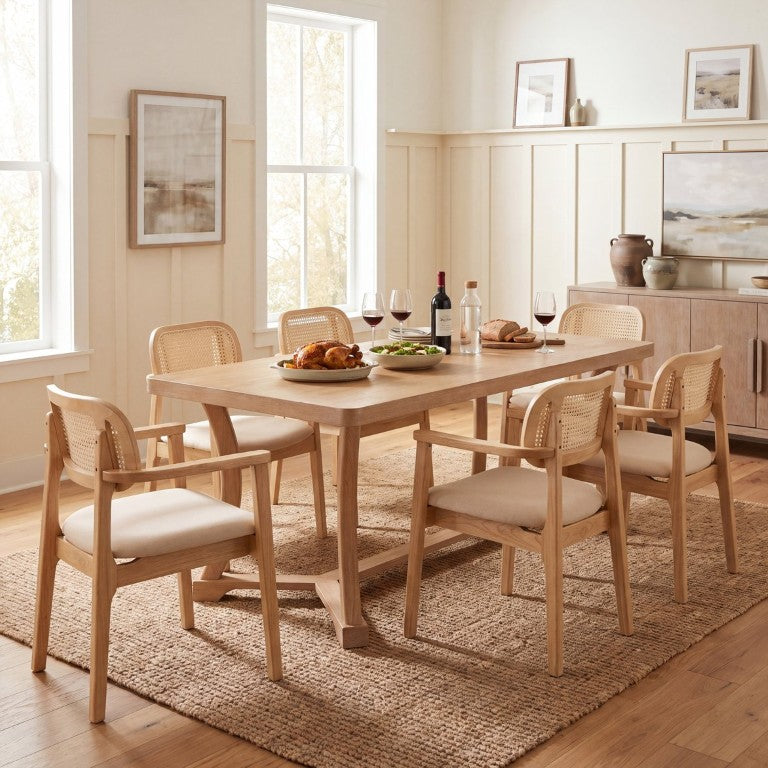 English Elm 7-Piece Solid Rubberwood Dining Set Scandinavian Style Six Chairs Natural Grain N776P490237N_N776P340269K-3
