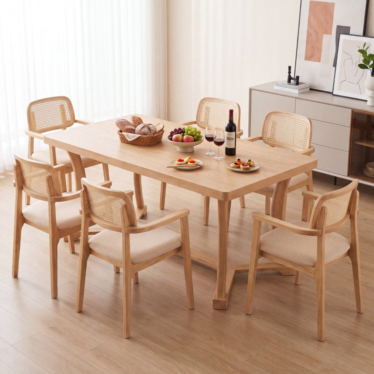 English Elm 7-Piece Solid Rubberwood Dining Set Scandinavian Style Six Chairs Natural Grain N776P490237N_N776P340269K-3