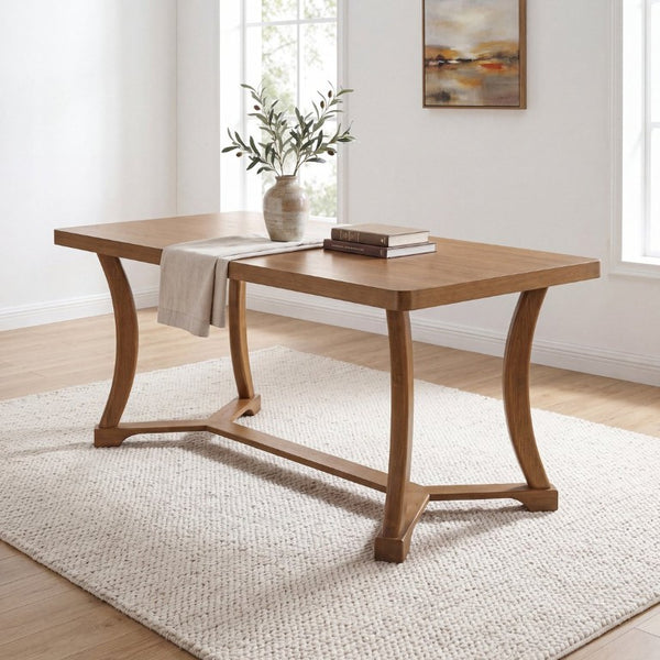 English Elm Will Six Seat Oak Veneer Farmhouse Dining Table with Curved Trestle Base N776P490237W