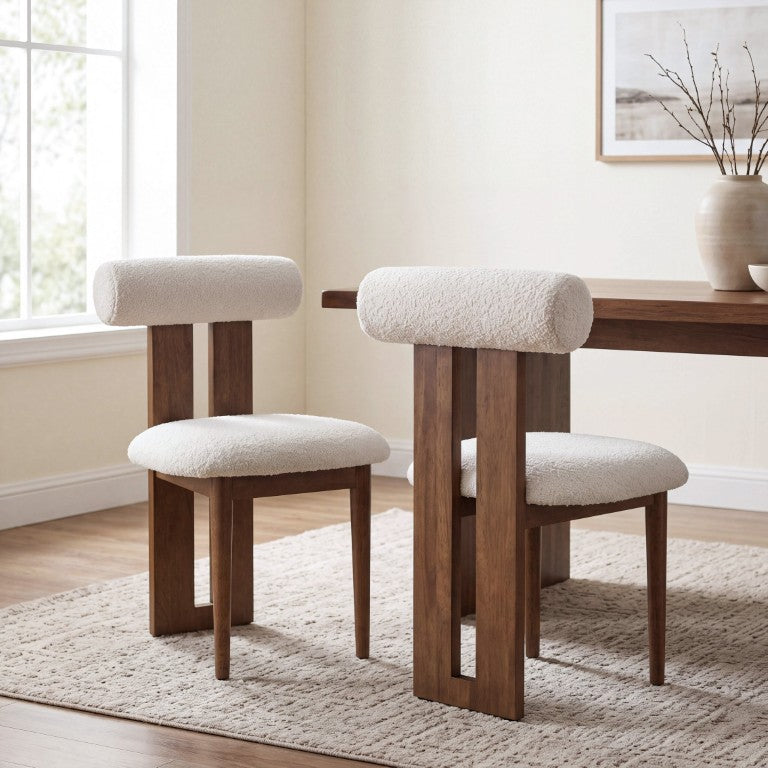 English Elm Indoor Boucle Upholstered Dining Chair Set of 2 with Sculptural Rubberwood Frame Ivory, Walnut N776P491156W