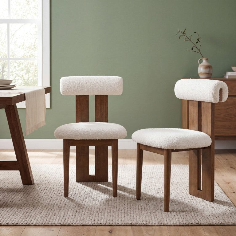 English Elm Indoor Boucle Upholstered Dining Chair Set of 2 with Sculptural Rubberwood Frame Ivory, Walnut N776P491156W