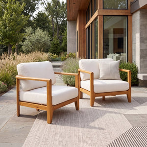 English Elm Boho Handwoven PE Wicker Outdoor Accent Chair Set All Weather Patio Seating Beige/Teak Acacia Wood Set of 2 N776P505070T-2