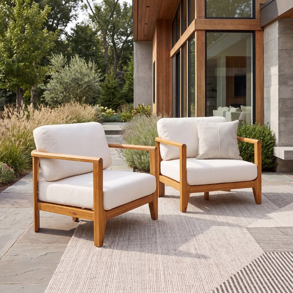 English Elm Boho Handwoven PE Wicker Outdoor Accent Chair Set All Weather Patio Seating Beige/Teak Acacia Wood Set of 2 N776P505070T-2