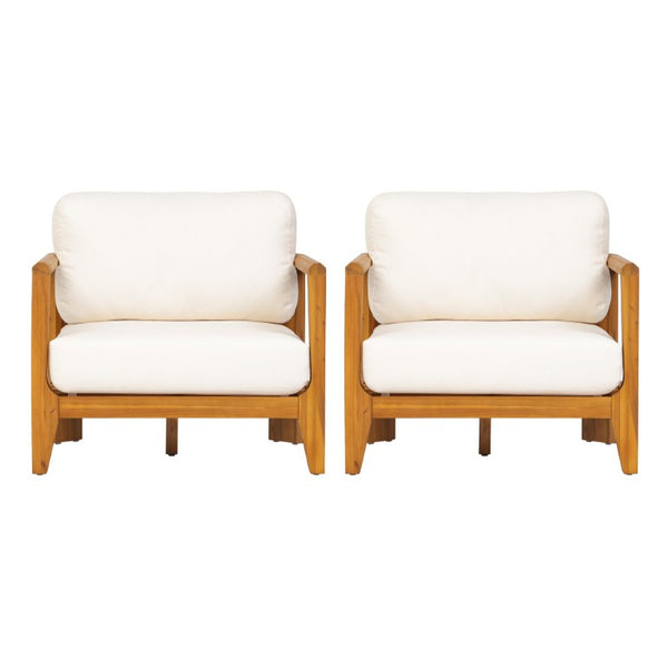 English Elm Boho Handwoven PE Wicker Outdoor Accent Chair Set All Weather Patio Seating Beige/Teak Acacia Wood Set of 2 N776P505070T-2