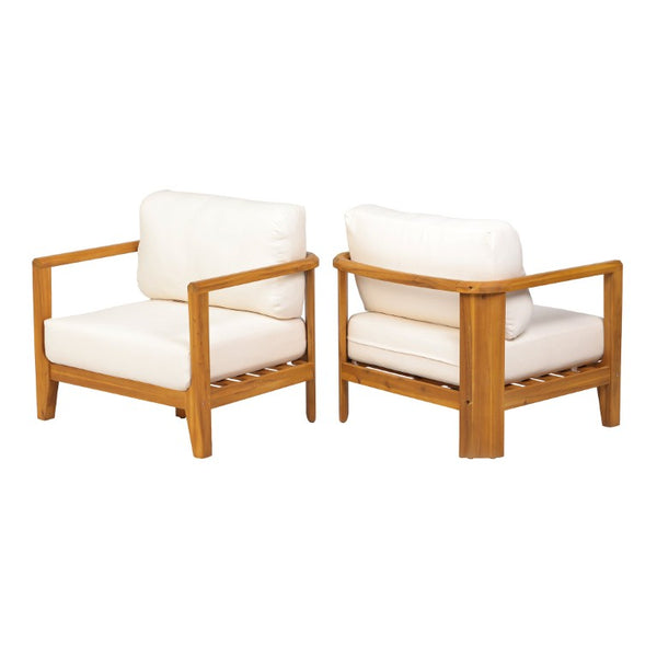 English Elm Boho Handwoven PE Wicker Outdoor Accent Chair Set All Weather Patio Seating Beige/Teak Acacia Wood Set of 2 N776P505070T-2
