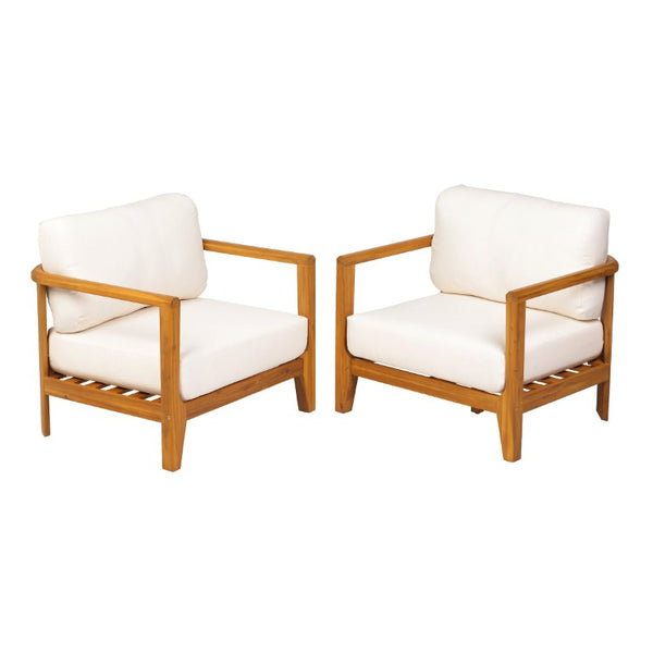 English Elm Boho Handwoven PE Wicker Outdoor Accent Chair Set All Weather Patio Seating Beige/Teak Acacia Wood Set of 2 N776P505070T-2