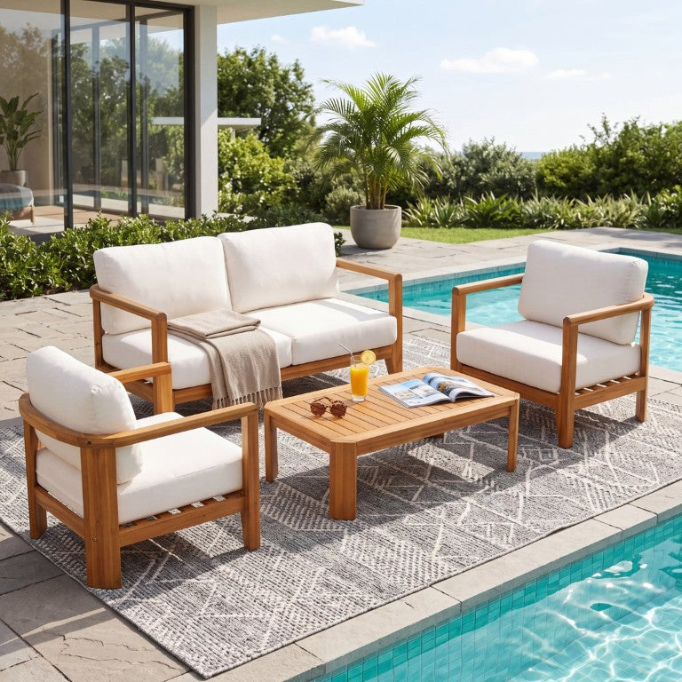 English Elm Elysian Outdoor Acacia Wood 4 Piece Chat Set with Plush Weather Resistant Cushions N776P505070T-2_N776P505071T