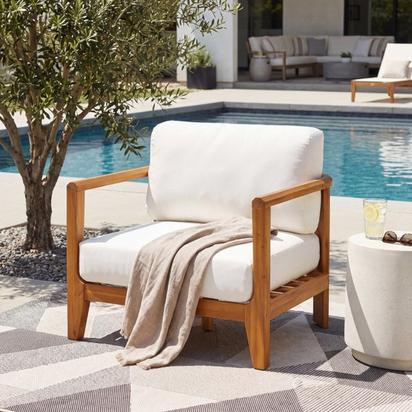 English Elm Boho Handwoven PE Wicker Outdoor Accent Chair Set All Weather Patio Seating Beige/Teak Acacia Wood Single N776P505070T