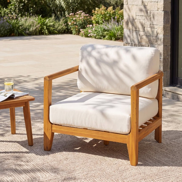 English Elm Boho Handwoven PE Wicker Outdoor Accent Chair Set All Weather Patio Seating Beige/Teak Acacia Wood Single N776P505070T