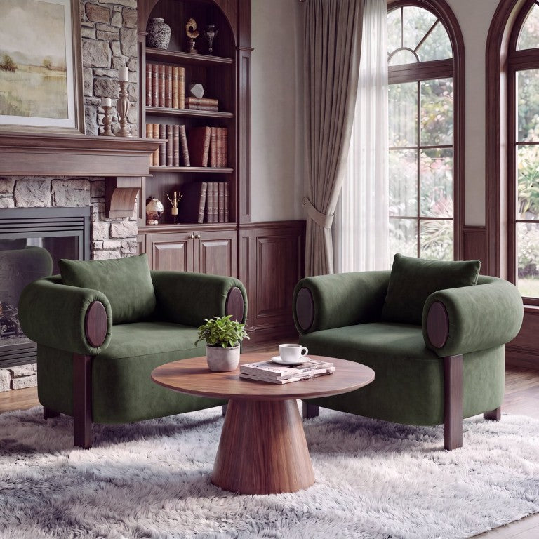 English Elm Upholstered Lounge Chairs with Solid Wood Frame for Modern Living Rooms Pair Olive Green Set of 2 N776P507258G-2