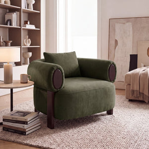 English Elm Audrey Armchair Wrap Around Solid Wood Frame Scandinavian Lounge Reading Chair Olive Green 38.5 L x 34.5 W x 27 H Single N776P507258G