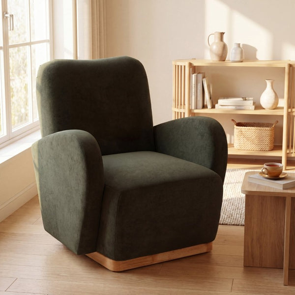 English Elm Audrey Armchair Wrap Around Solid Wood Frame Scandinavian Lounge Reading Chair Olive Green 30.5 L x 34.5 W x 34 H Single N776P507260G