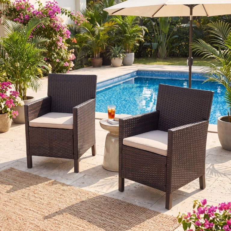 English Elm Antibes Outdoor Dining Chairs Set of 2 Handwoven PE Wicker All Weather Patio Brown Multi N776P507719B