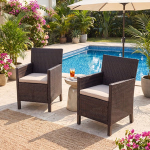 English Elm Antibes Outdoor Dining Chairs Set of 2 Handwoven PE Wicker All Weather Patio Brown Multi N776P507719B