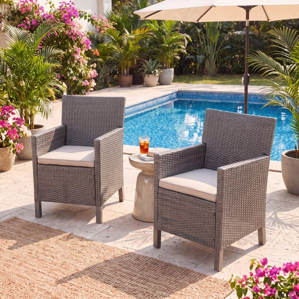 English Elm Cypress Outdoor Dining Chairs Handwoven PE Wicker All Weather Patio Set of Two N776P507719G