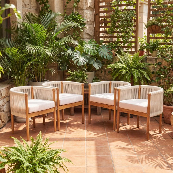 English Elm Outdoor Acacia Wood Dining Chairs with Braided Rope Weave Scandinavian Patio Style Beige Set of 4 N776P508223B-2