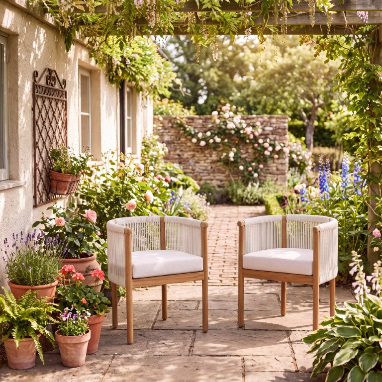 English Elm Outdoor Acacia Wood Dining Chairs with Braided Rope Weave Scandinavian Patio Set of 2 N776P508223B