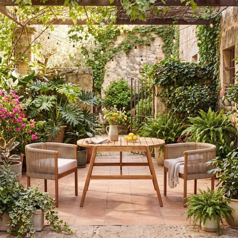 English Elm Outdoor Acacia Wood Dining Set with Woven Rope Seats Scandinavian Patio Style N776P508223D_N776P508224T