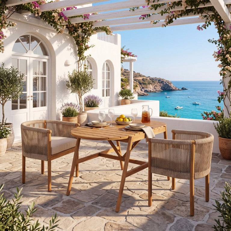 English Elm Outdoor Acacia Wood Dining Set with Woven Rope Seats Scandinavian Patio Style N776P508223D_N776P508224T
