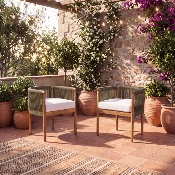 English Elm Outdoor Acacia Wood Dining Chairs with Braided Rope Weave Scandinavian Patio Style Green Set of 2 N776P508223G