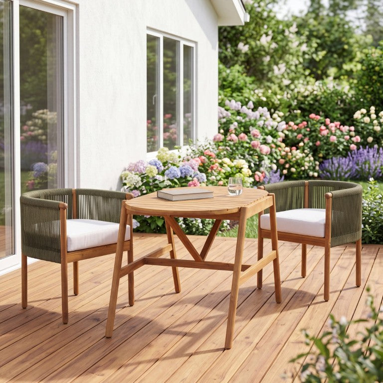 English Elm Outdoor Acacia Wood Dining Set with Braided Rope Seats and Scandinavian Curved Design Green N776P508223G_N776P508224T