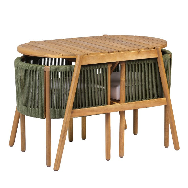 English Elm Outdoor Acacia Wood Dining Set with Braided Rope Seats and Scandinavian Curved Design Green N776P508223G_N776P508224T