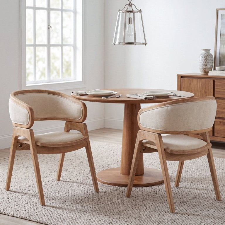 English Elm Kanso Upholstered Barrel Back Dining Arm Chairs Set of 2 Rubberwood Modern Farmhouse Beige, Natural N776P524938N