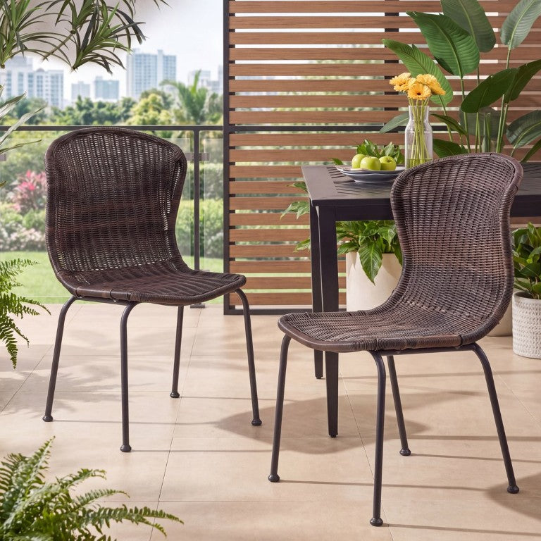 English Elm Boho Handwoven PE Wicker Outdoor Accent Chair Set All Weather Patio Seating Dark Brown Rattan Set of 2 N776P527284B