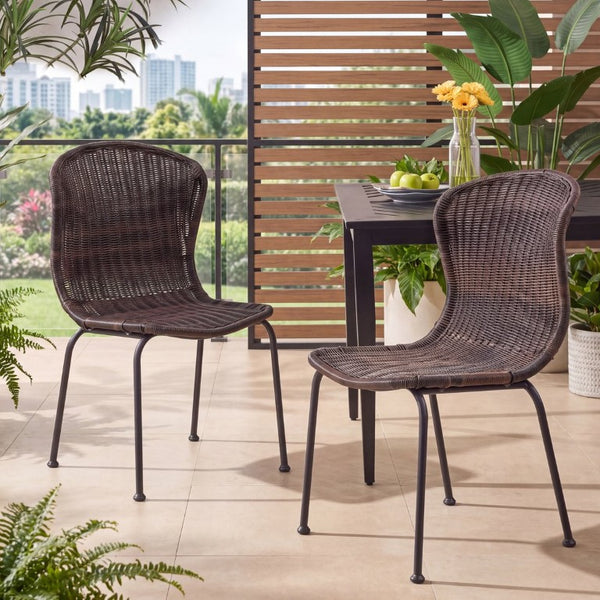English Elm Boho Handwoven PE Wicker Outdoor Accent Chair Set All Weather Patio Seating Dark Brown Rattan Set of 2 N776P527284B