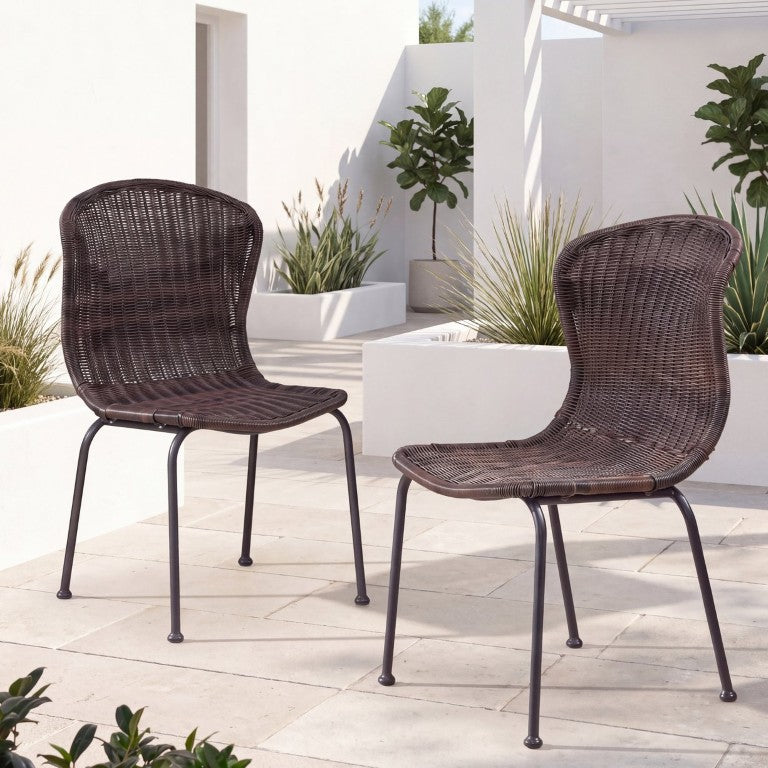 English Elm Boho Handwoven PE Wicker Outdoor Accent Chair Set All Weather Patio Seating Dark Brown Rattan Set of 2 N776P527284B
