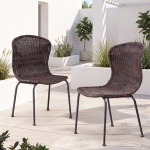English Elm Boho Handwoven PE Wicker Outdoor Accent Chair Set All Weather Patio Seating Dark Brown Rattan Set of 2 N776P527284B