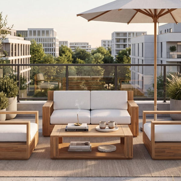 English Elm Outdoor Acacia Wood Patio Sofa and Coffee Table Set for Modern Coastal Living N776P533946L