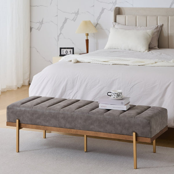 English Elm Upholstered Channel Tufted Bench with Gold Legs for Bedroom or Living Room N778P233330G