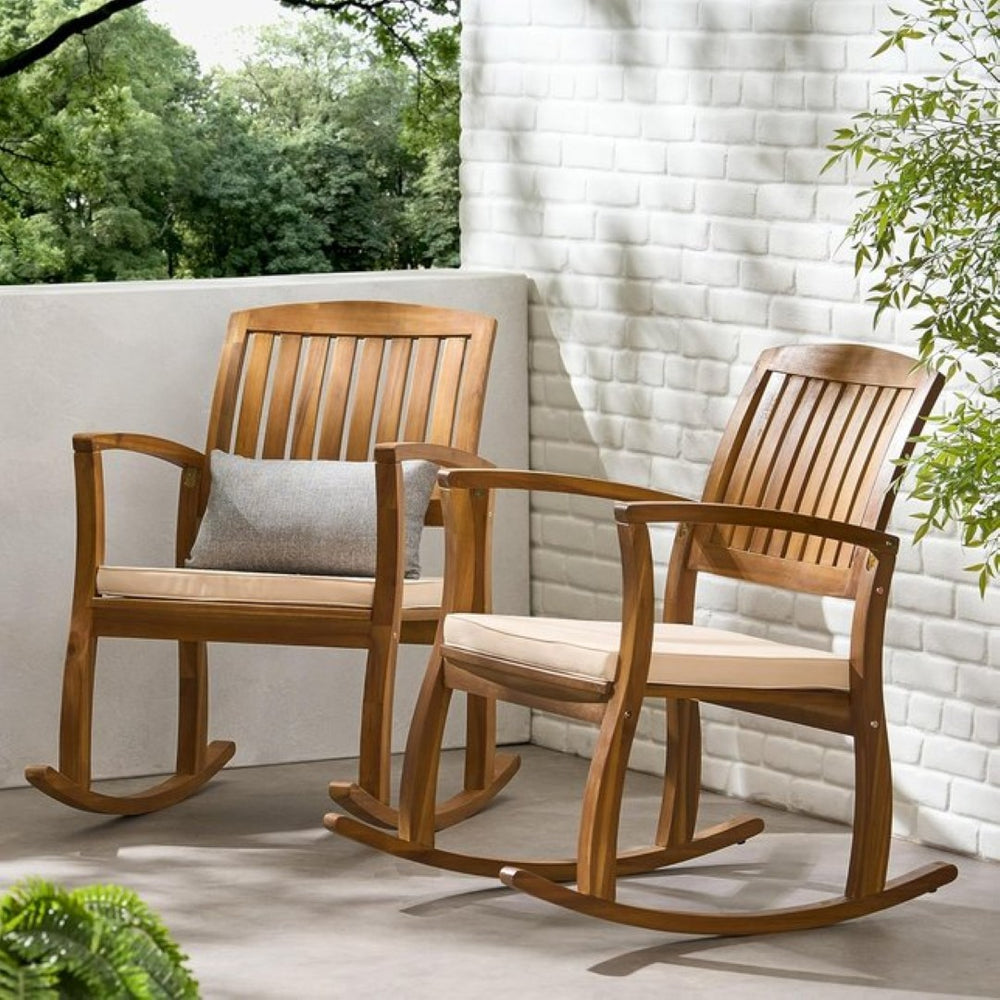 English Elm Selma Outdoor Solid Acacia Wood Rocking Chair Set with Weather Resistant Cushions N778P241390N