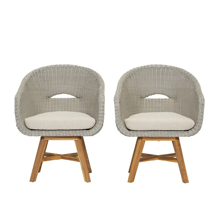 English Elm Outdoor Rattan Dining Arm Chairs with Cushions Set of 2 Acacia Aluminum Patio Beige, Grey Ash, Natural 26.5 L x 26.2 W x 34.1 H N778P254425N